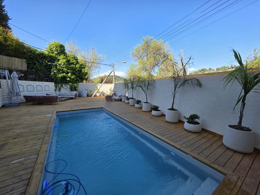 Pool in daylight lined with potted palms