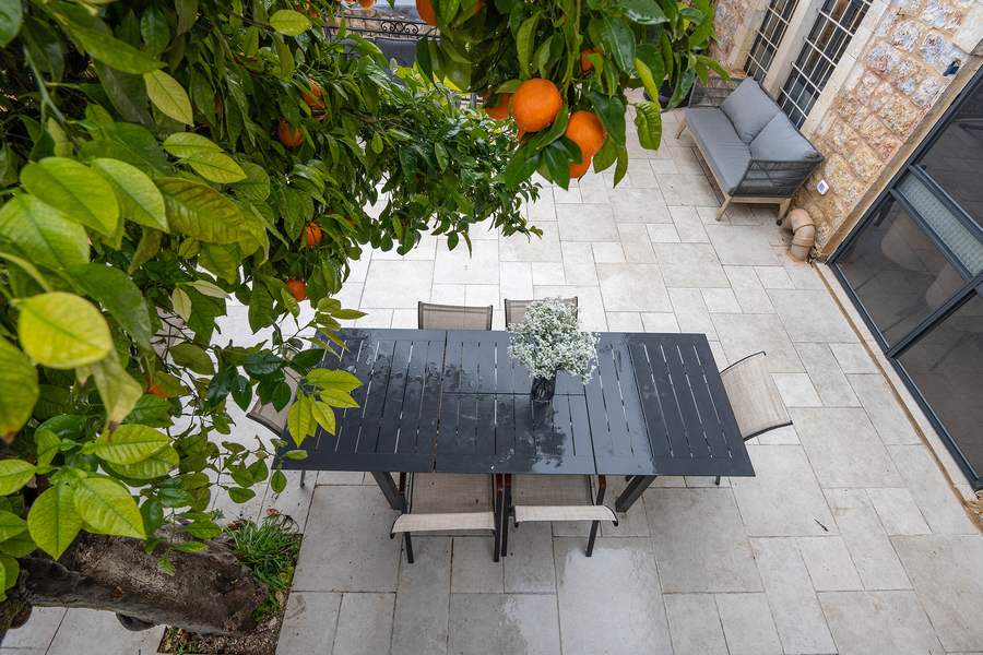 Terrace table beside a citrus tree with garden view